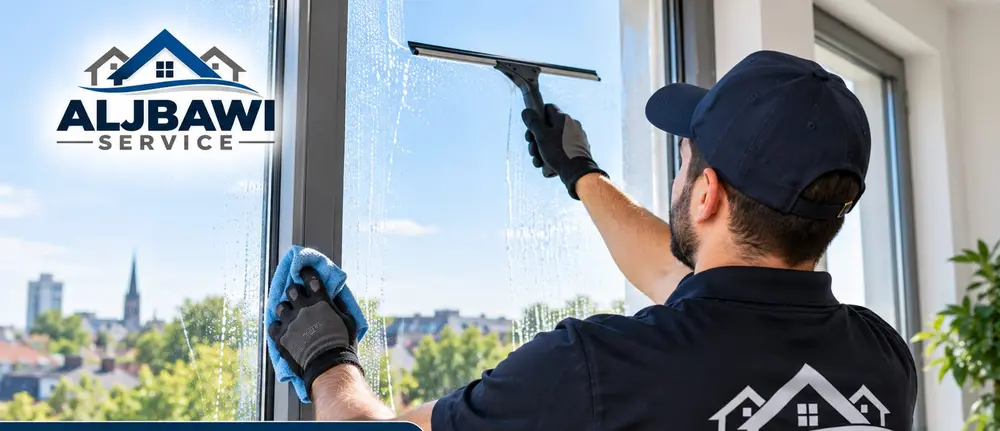 Professionelle Reinigung einer großen Fensterscheibe